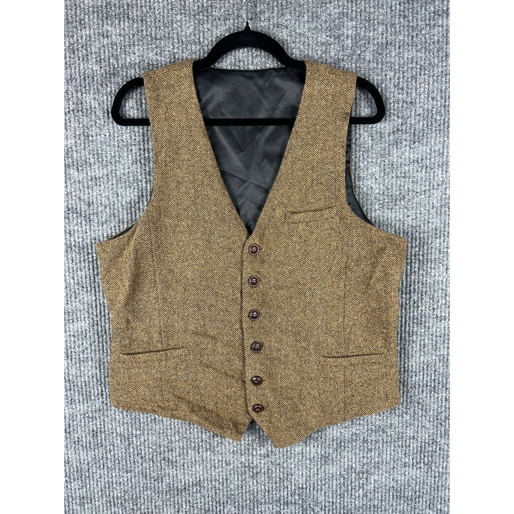 Voboom Men Wool Herringbone Vest Medium Brown Old Money Preppy Equestrian Tweed